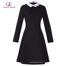 Grace Karin Confortable et élégant à manches longues Contraste Collier en poche couleur noir A-Line Dress CL010470-1